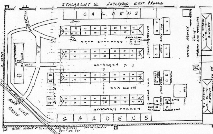 Karo belaisvių stovyklos „Stalag Luft VI Heydekrug“, amerikiečių bloko planas. Nubraižytas čia kalėjusio amerikiečių karininko. ŠHŠM MAFF skyrius 77, inv. Nr. 151